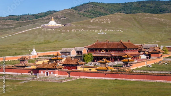 Obraz mongolian monastery with white prayer structure on the hill