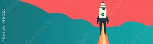 Obraz A colorful illustration of a rocket launching into a vibrant sky, symbolizing exploration and adventure.