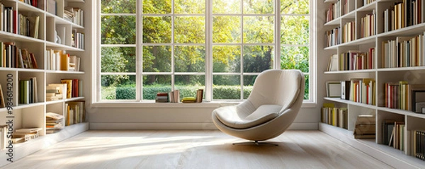 Fototapeta Home library with bookshelves on the wall, panoramic windows..