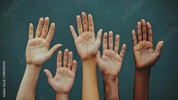 Obraz Five Diverse Hands Raised in Unity Against a Teal Background