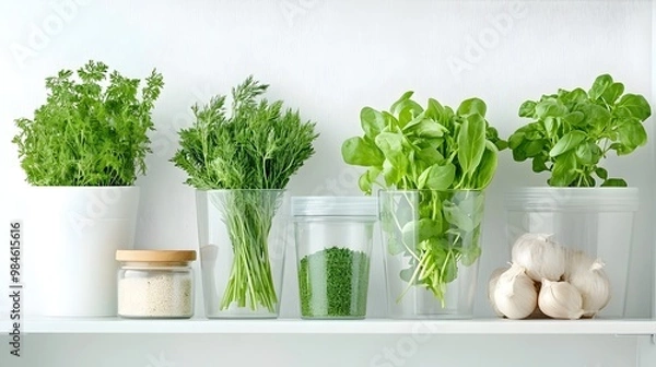 Fototapeta Fresh Herbs and Kitchen Essentials Organized in Transparent Containers - Neat and Tidy Minimalist Kitchen Shelves for Healthy Meal Prep Inspiration