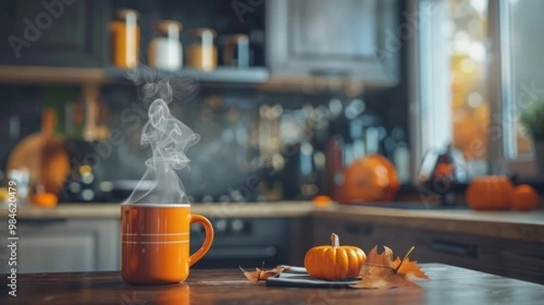 Fototapeta Steaming mug of hot beverage with small pumpkin and autumn leaves on kitchen table, cozy autumn concept