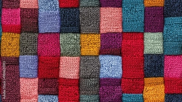 Obraz Seamless background featuring a knitted texture that mimics wool showcasing a variety of multicolored squares