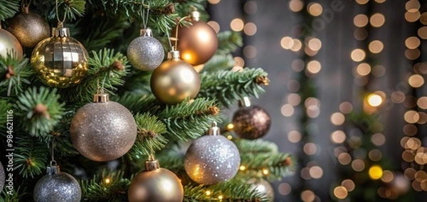 Obraz Christmas Tree With Baubles balls And Blurred Shiny Lights ornaments decoration