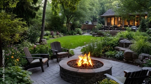 Obraz A cozy outdoor setting with comfortable chairs around an inviting fire pit, surrounded by lush greenery and a well-organized home garden, offering warmth on cool nights in the yard.