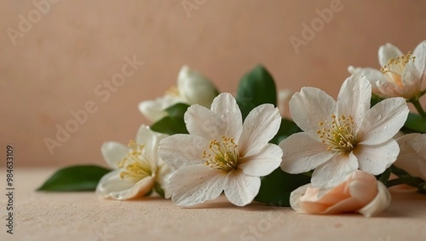 Fototapeta Soft white flowers on a light peach background for a serene look.