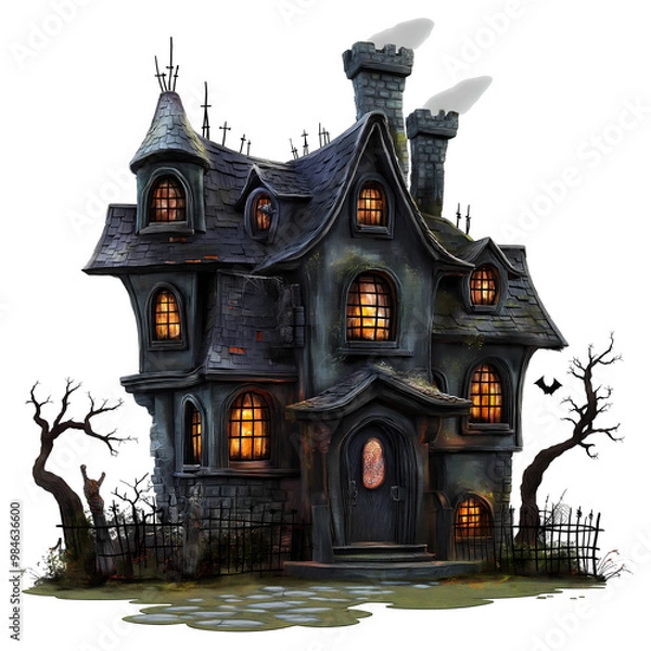 Fototapeta halloween  with haunted house. Spooky Haunted House with Flickering Lights a dark ambiance. Perfect for Halloween themes or spooky illustrations on transparent background, cut out, png