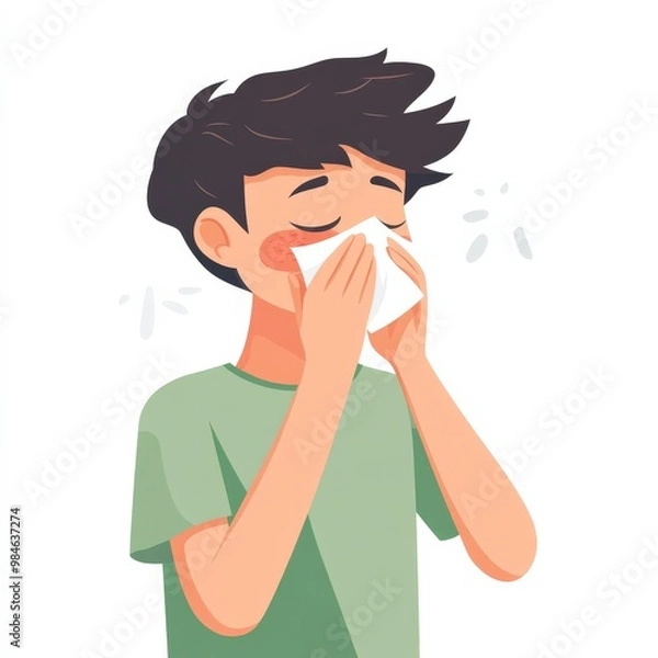 Fototapeta This illustration depicts a person with a red and irritated nose, using a tissue to wipe away their runny nose. The minimal design emphasizes their discomfort