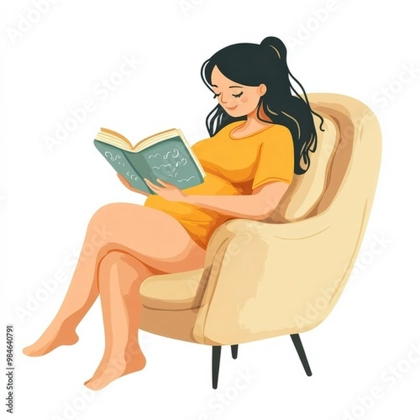 Fototapeta The illustration features a pregnant woman seated in a cozy chair, legs crossed, deeply engaged in reading a baby book. The relaxed setting emphasizes her anticipation and joy
