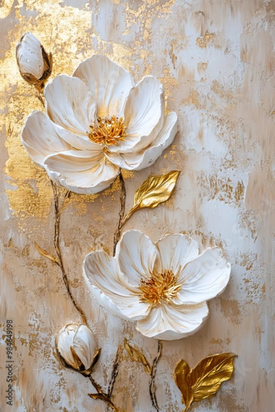 Fototapeta White flowers on a beige and gold background, oil painting on canvas with a palette knife