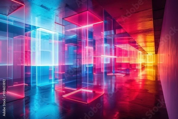 Fototapeta A neon colored room with many cubes and a long hallway