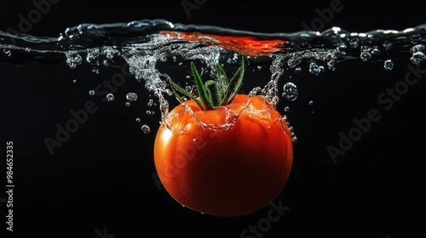 Fototapeta A tomato splashing into water, creating bubbles against a dark background.