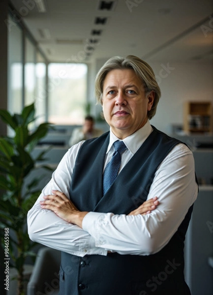 Fototapeta nordic career trajectory, formal business wear vest and tie, older chief financial officer collaborates, faded background during mid-morning, precise visual structure, portrait