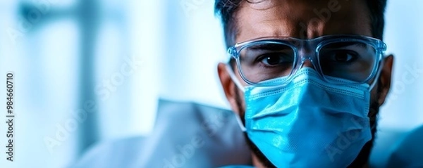 Fototapeta A focused healthcare worker wearing a mask and protective goggles in a clinical environment, conveying seriousness and dedication.