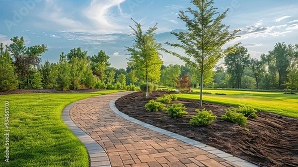 Fototapeta A winding brick path through a lush green lawn and forest.