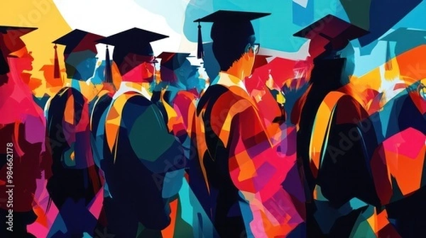 Obraz Abstract art showing a graduation ceremony, with distorted figures and bold colors representing the celebration