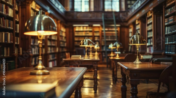 Fototapeta A historic library filled with rows of old books, lit by classic brass lamps on wooden desks, creating a warm and scholarly atmosphere