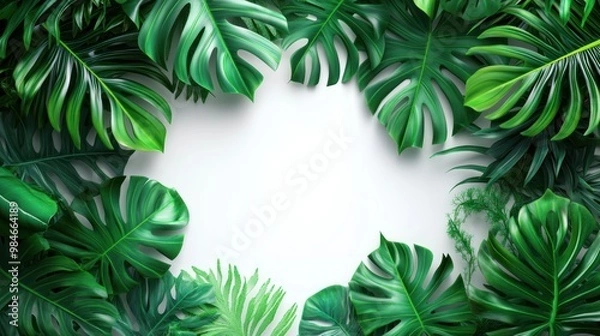 Fototapeta Lush green leaves frame a blank space for text or design.