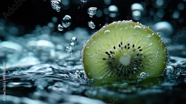 Fototapeta A sliced kiwi submerged in water with bubbles, showcasing freshness and vitality.