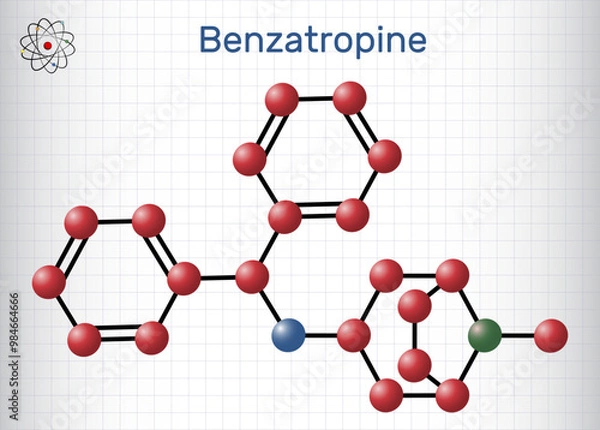 Fototapeta Benztropine molecule. It is used to treat Parkinson's disease. Molecule model. Sheet of paper in a cage. Vector