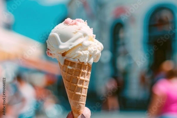 Fototapeta Close-up of vanilla ice cream cone on a sunny day. Sweet dessert and summertime treat concept.