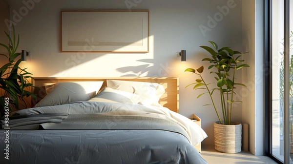 Fototapeta A simple yet elegant bedroom featuring comfortable bed, soft linens, and touch of greenery from potted plant. warm sunlight creates serene atmosphere, perfect for relaxation