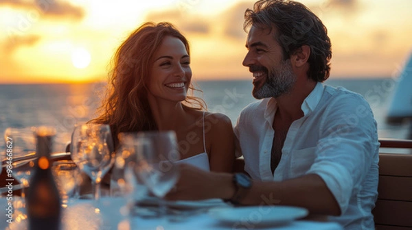 Fototapeta A couple enjoying a romantic dinner on a boat during sunset, laughing and engaging over wine, with the ocean as their backdrop.