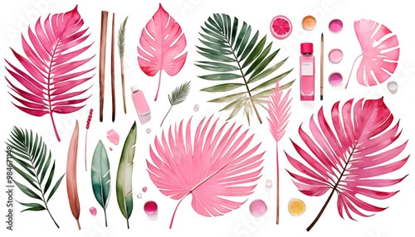 Fototapeta  graphic leaf colored painting palm elements pink watercolour summer palm leaf graphic background watercolor pattern tropics tropical illustration exotic paint art minimal design seamless floral