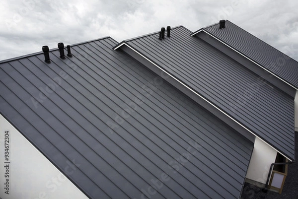 Fototapeta Close-up house retro roof panel with standing seam and fasteners. Modern galvanized steel roofing sheet with ribs. Classic style black metal panel with rebate joint. Falz roofing. Building's covering