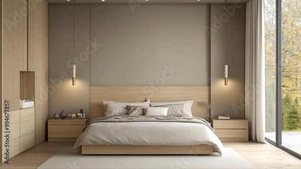 Fototapeta Photo interior modern design room 3d illustration, A minimalist bedroom with light wood accents and a focus on simplicity and functionality.