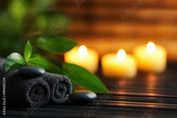 Obraz Tranquil spa setting with rolled towels, smooth stones, and glowing candles, perfect for relaxation and wellness themes.
