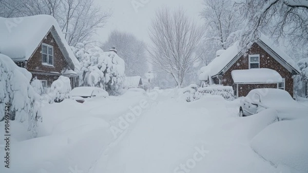 Obraz A neighborhood buried under heavy snowfall, with cars and houses barely visible beneath thick layers of snow