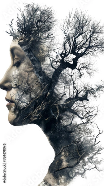Obraz A surreal double exposure portrait of a woman and a tree, blending human and natural elements.