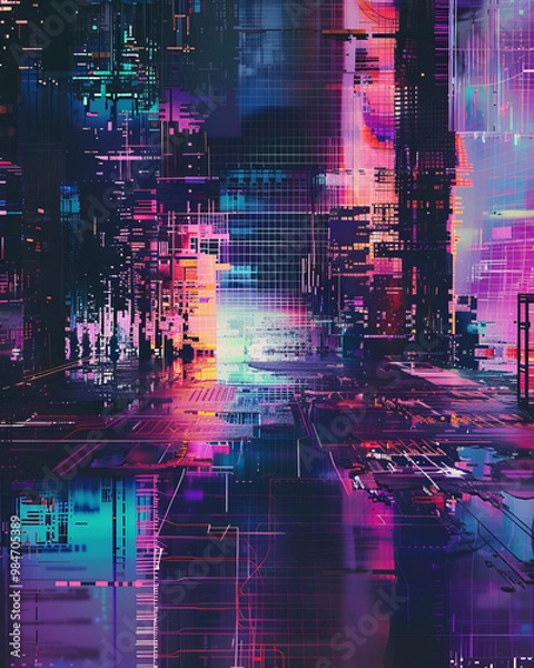 Fototapeta A vibrant, futuristic cityscape with grid pattern, showcasing blend of neon colors and intricate details. digital landscape evokes sense of wonder and exploration