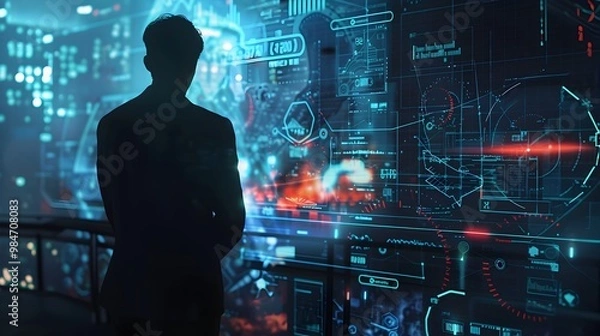 Fototapeta Detective Analyzing Holographic Crime Scene Data with 3D Reconstructions and Evidence Markers