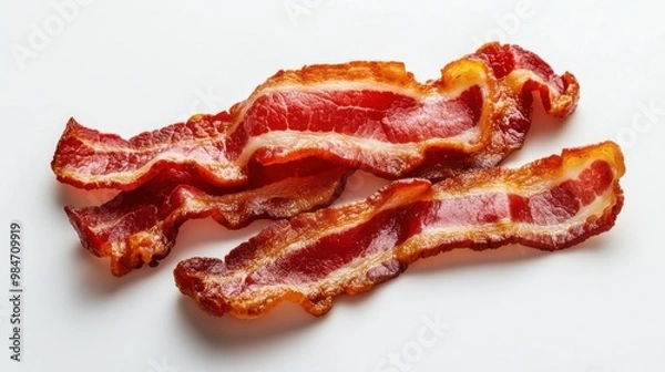 Fototapeta Savory bacon strips arranged on a white background, ideal for culinary themes and food presentations.