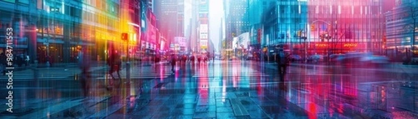 Fototapeta A city street with people walking and cars driving