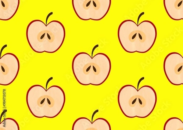Fototapeta Seamless pattern with apples. Apple pattern. A juicy apple slice on a yellow background.