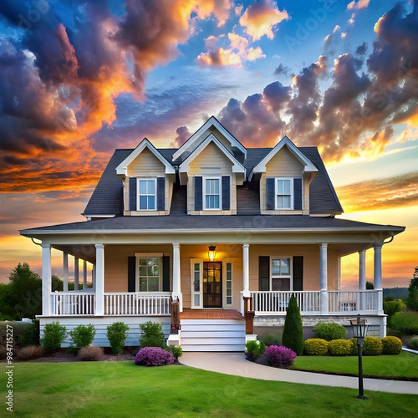 Fototapeta a house with a large front porch and a sky
