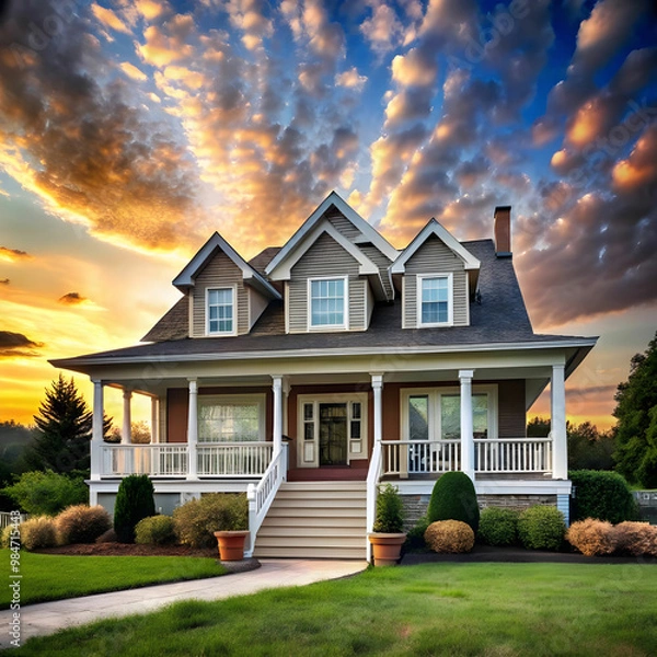 Fototapeta a house with a large front porch and a sky