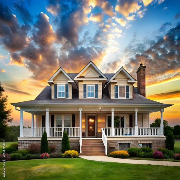 Fototapeta a house with a large front porch and a sky