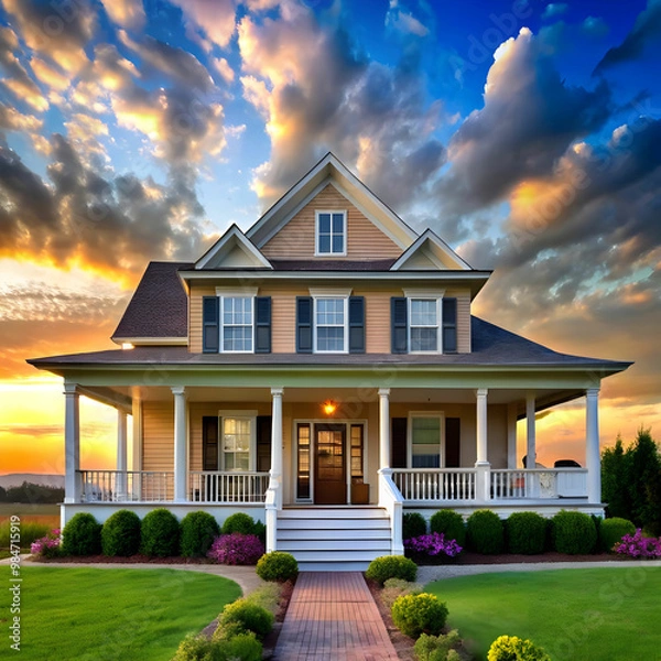Fototapeta a house with a large front porch and a sky