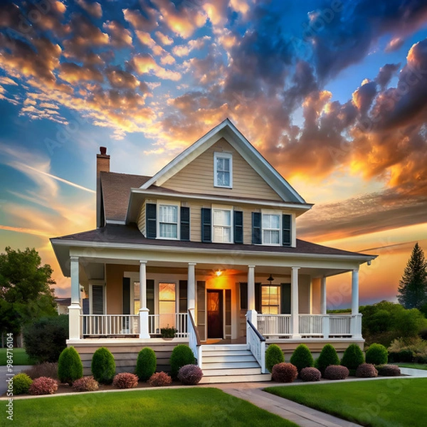 Fototapeta a house with a large front porch and a sky