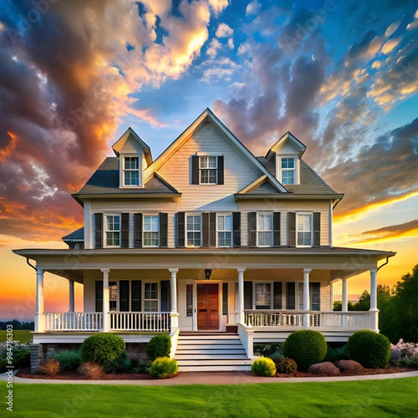 Fototapeta a house with a large front porch and a sky
