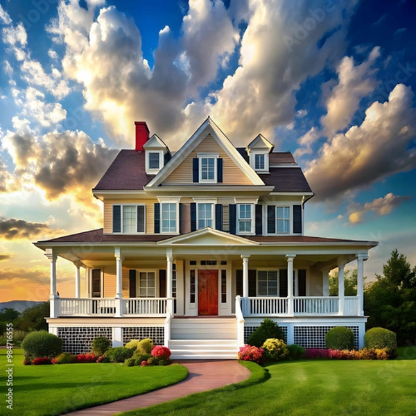 Fototapeta a house with a large front porch and a sky