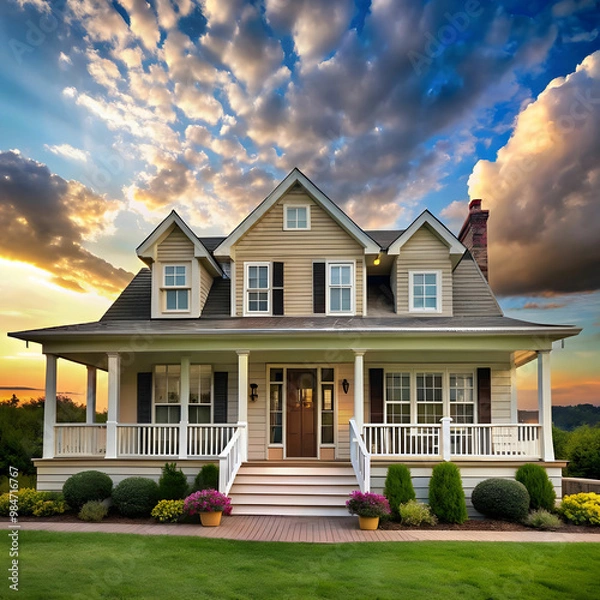 Fototapeta a house with a large front porch and a sky