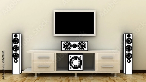 Obraz Place for TV with television shelf with home theater, cynema sound speker system in modern, classic interior background with white decorative paint wall and concrete floor. Copy space image. 3d render