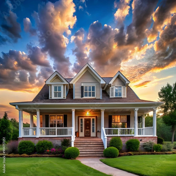 Fototapeta a house with a large front porch and a sky