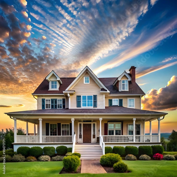 Fototapeta a house with a large front porch and a sky