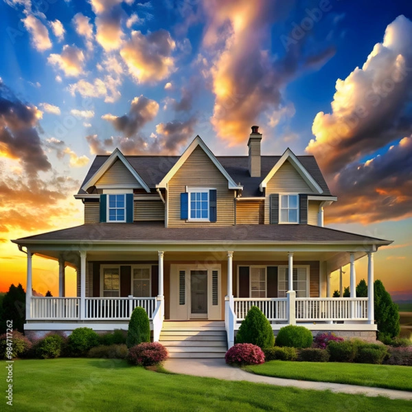Fototapeta a house with a large front porch and a sky